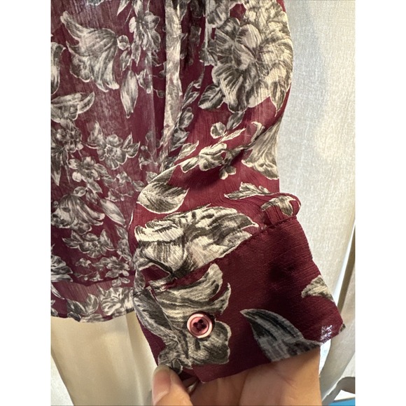 Kut From The‎ Kloth Womens Burgundy Grey Floral Sheer Button Down Shirt L - Picture 5 of 7